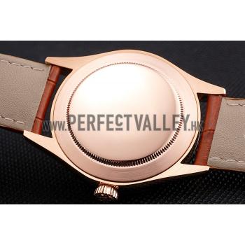 Swiss Rolex Cellini White Dial Rose Gold Case Brown Leather Strap