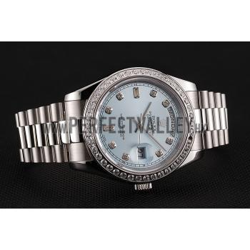 Swiss Rolex Day-Date Ice Blue Dial Diamond Case Diamond Numerals Stainless Steel Bracelet 1453963