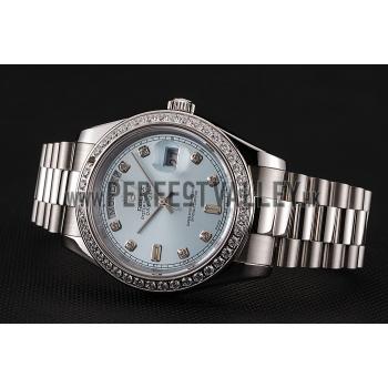 Swiss Rolex Day-Date Ice Blue Dial Diamond Case Diamond Numerals Stainless Steel Bracelet 1453963