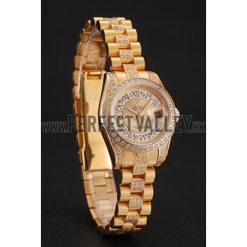 Swiss Rolex DayJust Diamond Pave Gold Dial Gold Diamond Bracelet 1453953