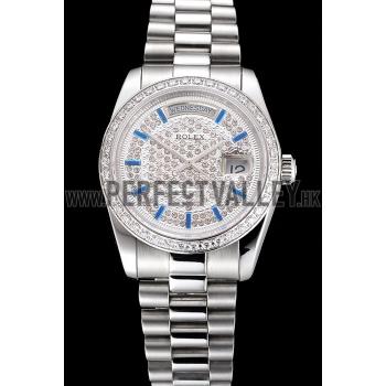 Swiss Rolex Day Date Diamond Pave Dial And Bezel Stainless Steel Case And Bracelet