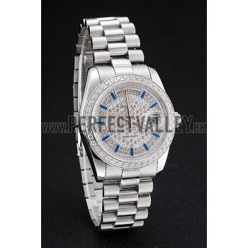 Swiss Rolex Day Date Diamond Pave Dial And Bezel Stainless Steel Case And Bracelet