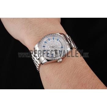 Swiss Rolex Day Date Diamond Pave Dial And Bezel Stainless Steel Case And Bracelet