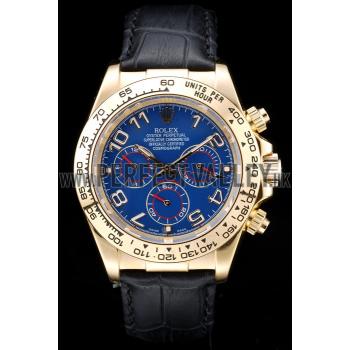 Replica Rolex Daytona Gold Case Blue Dial Black Leather Strap