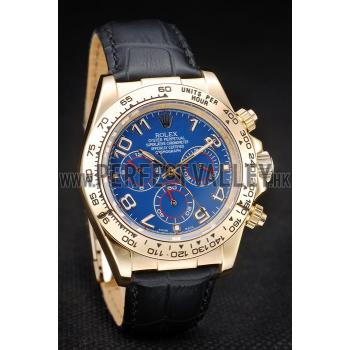 Replica Rolex Daytona Gold Case Blue Dial Black Leather Strap