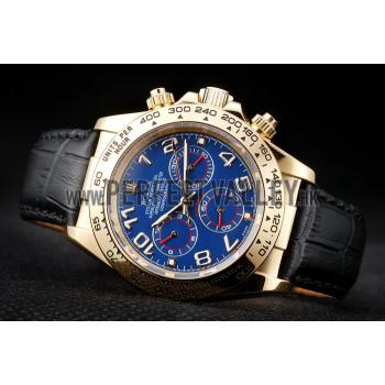 Replica Rolex Daytona Gold Case Blue Dial Black Leather Strap