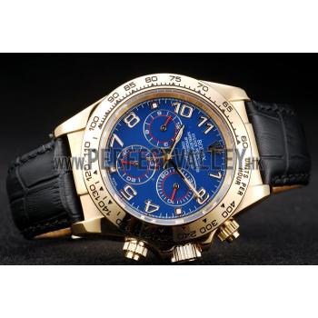 Replica Rolex Daytona Gold Case Blue Dial Black Leather Strap