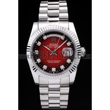 Rolex Day-Date Polished Stainless Steel Two Tone Red Dial