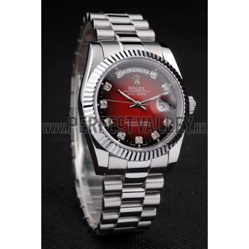 Rolex Day-Date Polished Stainless Steel Two Tone Red Dial