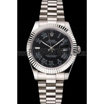 Replica Swiss Rolex Datejust Black Dial Roman Numerals Stainless Steel Case And Bracelet