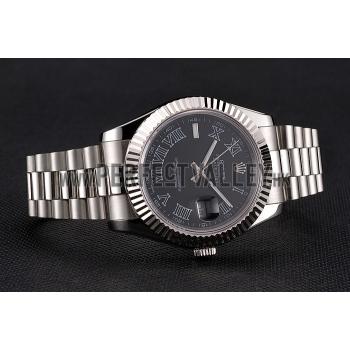 Replica Swiss Rolex Datejust Black Dial Roman Numerals Stainless Steel Case And Bracelet