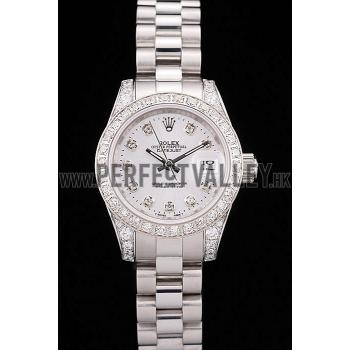 Replica Rolex DateJust Brushed Stainless Steel Diamond Plated Case White Dial Diamond Plated Bezel