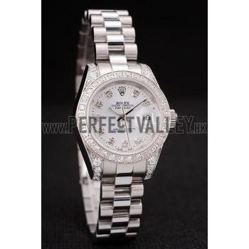 Replica Rolex DateJust Brushed Stainless Steel Diamond Plated Case White Dial Diamond Plated Bezel