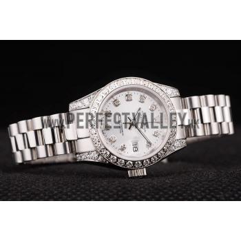 Replica Rolex DateJust Brushed Stainless Steel Diamond Plated Case White Dial Diamond Plated Bezel