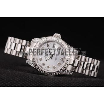 Replica Rolex DateJust Brushed Stainless Steel Diamond Plated Case White Dial Diamond Plated Bezel