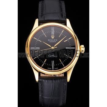 Swiss Rolex Cellini Black Dial Roman Numerals Gold Case Black Leather Strap Replica