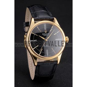 Swiss Rolex Cellini Black Dial Roman Numerals Gold Case Black Leather Strap Replica