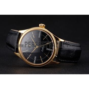 Swiss Rolex Cellini Black Dial Roman Numerals Gold Case Black Leather Strap Replica