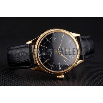 Swiss Rolex Cellini Black Dial Roman Numerals Gold Case Black Leather Strap Replica