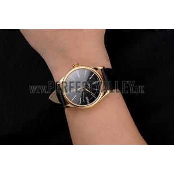 Swiss Rolex Cellini Black Dial Roman Numerals Gold Case Black Leather Strap Replica