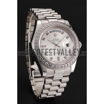 Swiss Rolex Day-Date White Dial Diamond Case Diamond Numerals Stainless Steel Bracelet 1453968