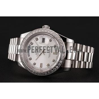 Swiss Rolex Day-Date White Dial Diamond Case Diamond Numerals Stainless Steel Bracelet 1453968