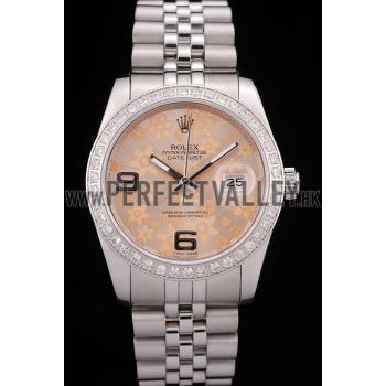 Rolex DateJust Brushed Stainless Steel Case Orange Flowers Dial Diamonds Plated