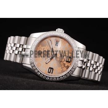 Rolex DateJust Brushed Stainless Steel Case Orange Flowers Dial Diamonds Plated