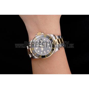 Swiss Rolex Submariner Black Dial And Bezel Two Tone Steel Gold Bracelet