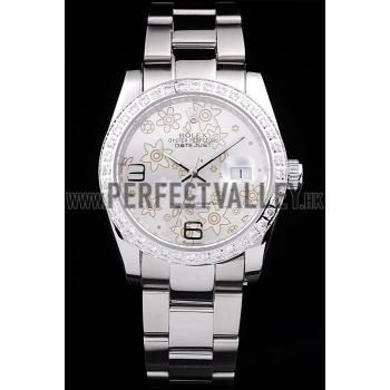 Rolex Datejust Polished Stainless Steel Silver Flowers Dial Diamond Plated 98081