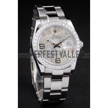 Rolex Datejust Polished Stainless Steel Silver Flowers Dial Diamond Plated 98081