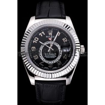 Replica Rolex Sky Dweller Black Dial Stainless Steel Case Black Leather Strap