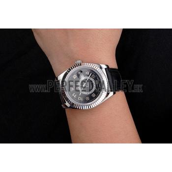 Replica Rolex Sky Dweller Black Dial Stainless Steel Case Black Leather Strap