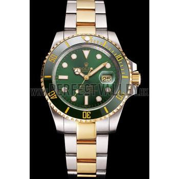 Swiss Rolex Submariner Green Dial And Bezel Two Tone Steel Gold Bracelet