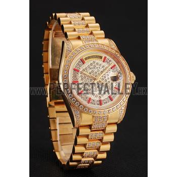 Swiss Rolex Day-Date Red Diamond Pave Dial Gold Diamond Bracelet 1453960 Replica