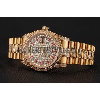 Swiss Rolex Day-Date Red Diamond Pave Dial Gold Diamond Bracelet 1453960 Replica