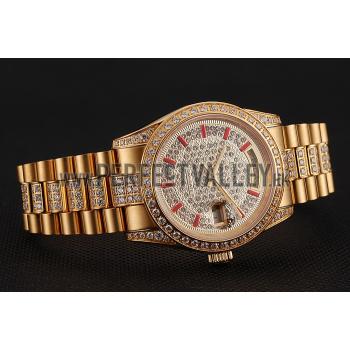 Swiss Rolex Day-Date Red Diamond Pave Dial Gold Diamond Bracelet 1453960 Replica