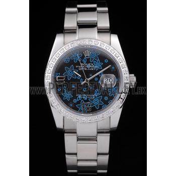 Rolex Datejust Polished Stainless Steel Dark Blue Flowers Dial Diamond Plated