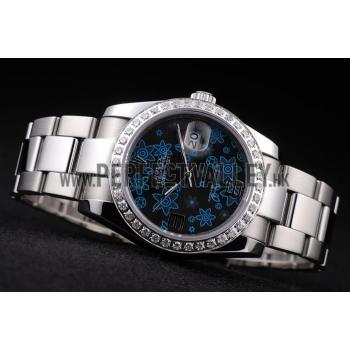 Rolex Datejust Polished Stainless Steel Dark Blue Flowers Dial Diamond Plated