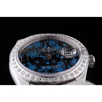 Rolex Datejust Polished Stainless Steel Dark Blue Flowers Dial Diamond Plated