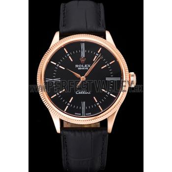 Replica Swiss Rolex Cellini Time Rose Gold Case Black Dial Black Leather Bracelet   622656