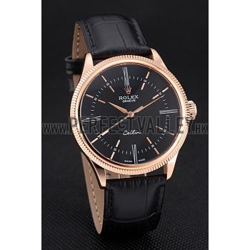 Replica Swiss Rolex Cellini Time Rose Gold Case Black Dial Black Leather Bracelet   622656