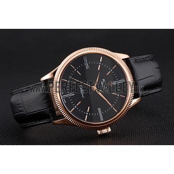 Replica Swiss Rolex Cellini Time Rose Gold Case Black Dial Black Leather Bracelet   622656