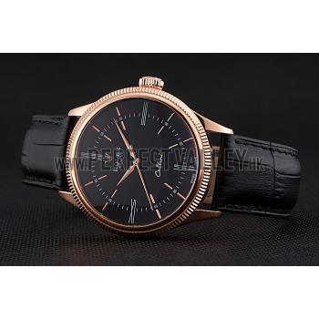 Replica Swiss Rolex Cellini Time Rose Gold Case Black Dial Black Leather Bracelet   622656