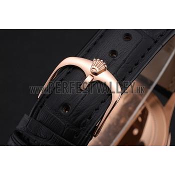 Replica Swiss Rolex Cellini Time Rose Gold Case Black Dial Black Leather Bracelet   622656