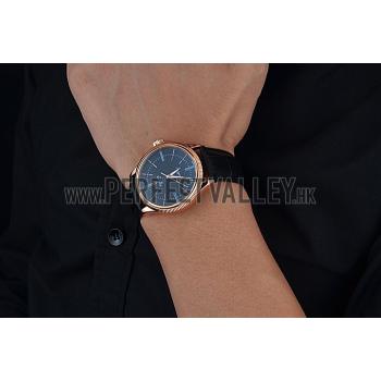 Replica Swiss Rolex Cellini Time Rose Gold Case Black Dial Black Leather Bracelet   622656