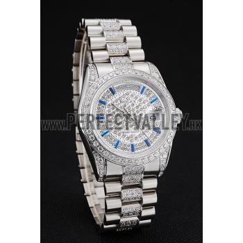 Swiss Rolex Day Date Diamond Pave Dial And Bezel And Stainless Steel Bracelet