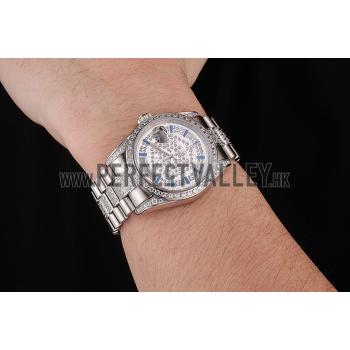 Swiss Rolex Day Date Diamond Pave Dial And Bezel And Stainless Steel Bracelet