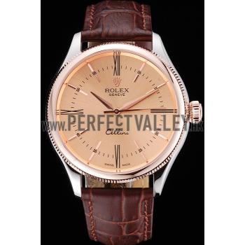 Rolex Cellini Gold Dial And Bezel Stainless Steel Case Brown Leather Strap  622840