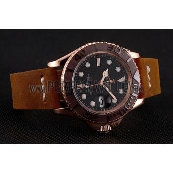 Rolex Yacht Master Black Dial Brown Bezel Rose Gold Case Brown Leather Bracelet 1453860